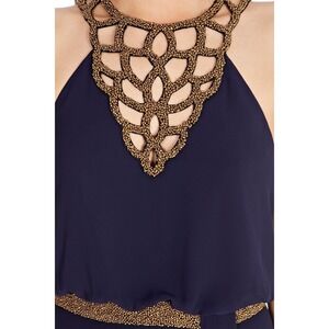 Coast Navy Blue Beaded Halter Neck Maxi Dress with Gold Trim Slit Formal Gown 4